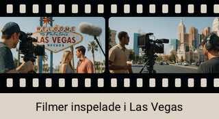 Bild i filmremsestil med två scener från filminspelningar i Las Vegas. Till vänster ses ett filmteam spela in framför den ikoniska "Welcome to Fabulous Las Vegas"-skylten, där en kvinna och en man samtalar. Till höger filmas två personer framför New York-New Yorks hotellfasad med sina karakteristiska skyskrapor i bakgrunden. Under filmremsan står texten "Filmer inspelade i Las Vegas" mot en beige bakgrund.