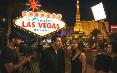 En filminspelning i Las Vegas. En man och en kvinna står vid The Strip med den berömda välkomstsskylten "Welcome to Fabulous Las Vegas" i bakgrunden. Bredvid dem syns en kameraman och personal som jobbar med ljussättningen.