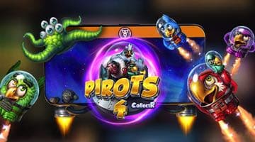 Reklambild för Pirots 4. Visar en surfplatta med raketmotorer. På skärmen syns leovegas logga och loggan för Pirots 4. Runt surfplattan svävar papegojorna från spelet i rymddräkter. Där syns också ett rymdmonster.