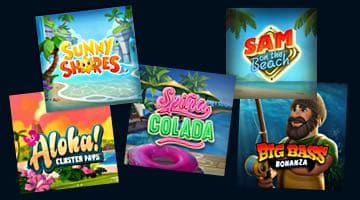 Fem somriga slots från samlingen "Sommarkänsla" hos Casinostugan. Spelen är Sunny Shores, Sam on the Beach, Big Bass Bonanza, Spina Colada och Aloha Cluster Pays.