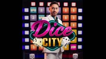 Loggan för Dice City med en spelvärd i vit kostym bakom loggan.