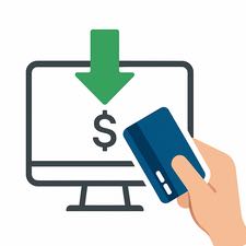 Illustration av en hand som håller ett bankkort framför en datorskärm med en grön pil nedåt och en dollarteckenikon, symboliserande en digital insättning.