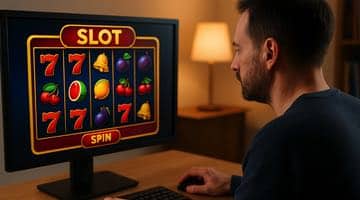En man sitter vid ett skrivbord och spelar på en slot på datorn