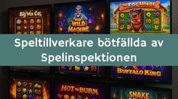 Vägg med datorskärmar som visar olika slots. Över bilden ligger en etikett med texten "Speltillverkare bötfällda av Spelinspektionen"