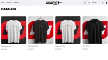 Skärmbild från Play'n Go Shop där man ser t-shirts som säljs.
