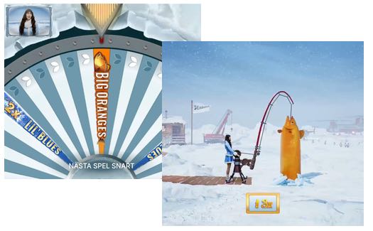 Ett kollage med två screen shots från Ice Fishing. Den ena bilden visar lyckohjulet som stannat på det orangea bonusspelet. Den andra bilden visar bonusspelet där spelvärden drar upp en stor orange fisk. I bildens nederkant ser man vinstmultiplikatorn för fisken .