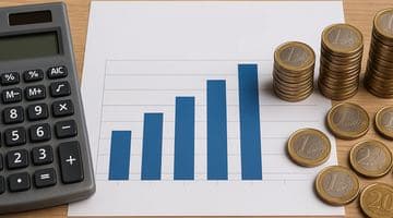 En miniräknare, ett papper med stapeldiagram och staplar med mynt ligger på ett bord. Bilden ska symbolisera de ekonomiska analyser betsson genomfört av bolagets ekonomi under tredje kvartalet.