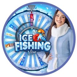 Spelvärd och lyckohjul i live-spelet Ice Fishing från Evolution