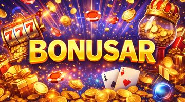 Illustration med texten ”Bonusar”, omgiven av spelmarker, guldmynt, spelkort och en slotmaskin som symboliserar bonuserbjudanden hos online casinon.
