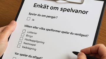 En person håller i en enkät om spelvanor. I ena handen har personen en penna.