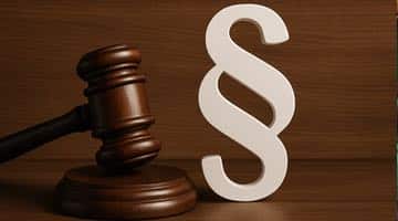 En domarklubba och en symbol som föreställer ett paragraf-tecken.