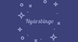 Banner med texten "Nyårsbingo" mot blå bakgrund, dekorerad med stjärnor och festliga symboler som förknippas med nyår.