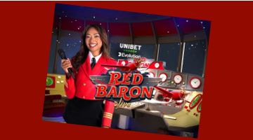 Bild på spelet Red Baron med en spelvärd i en studio och spelet logga, speltillverkaren evolutions logga och Unibets logga