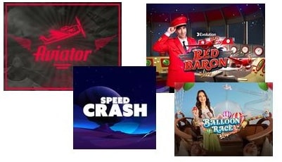 Fyra crash game-spel: Aviator, Speed Crash, Red Baron Live och Balloon Race live