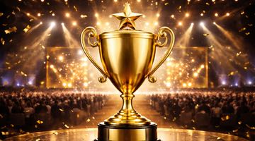 En gyllene pokal placerad på en upplyst scen. Publik syns i bakgrunden och gyllene konfetti faller runt trofén.