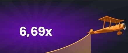 Skärmbild som visar spelet High Flyer. Ett flygplan svävar i luften och bakom flygplanet syns spelomgångens vinstmultiplikator som är uppe i 6,69x insatsen.