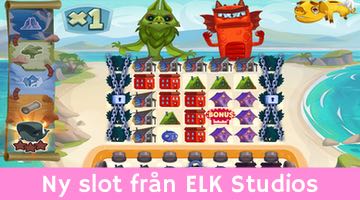 Skärmbild på sloten World Eaters från ELK Studios. Längst ner i bilden finns en rosa etikett med texten "Ny slot från ELK Studios"