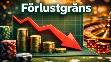 Nedåtgående graf med rubriken "Förlustgräns" framför spelrelaterad bakgrund med pokerchips, roulettehjul och tärningar. Bilden illustrerar sänkta förlustgränser hos Paf.