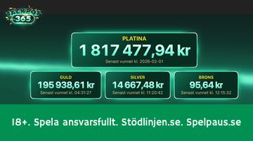 Bild som visar de aktuella jackpottvärdena för bet365s jackpottnätverk jackpot365. Längst ner i bilden finns information om att spela ansvarsfullt och webbadresser till stödlinjen.se och spelpaus.se.