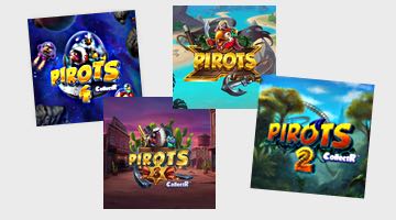 Bild på de fyra spelen som ingår i Pirots-serien: Pirots 4, Pirots 3, Pirots 2 och Pirots