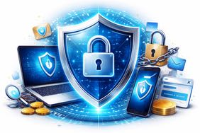 Illustration som symboliserar säkerhet på nätet med en stor blå sköld med ett hänglås i mitten. Denna är omgiven av en laptop, mobiltelefon, kedja, lås och digitala ikoner.
