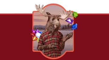 Casinostugans maskot älgen jonglerar med symbolerna från sloten Starburst. Bilden symboliserar deras nya bonus där bland annat free spins på Starburst ingår i bonuserbjudandet.