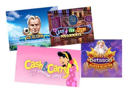 Bildcollage med fyra exklusiva slots: Go Glenn, Cash & Carry Shopping Spree, Jazz of New Orleans och Gates of betsson super scatter