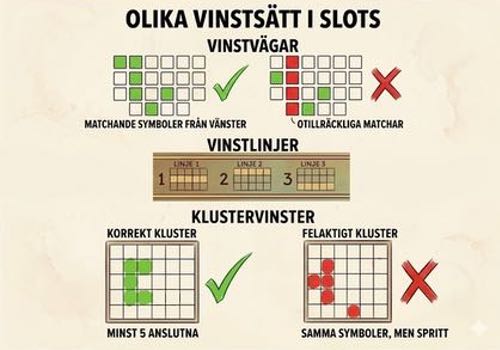 Bild som illustrerar olika vinstsätt i slots: vinstvägar, vinstlinjer och klustervinster