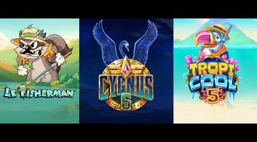 Bild på spelautomaterna Le Fisherman, Cygnus 6 och Tropicool 5 som blev populära hos betsson i februari 2026