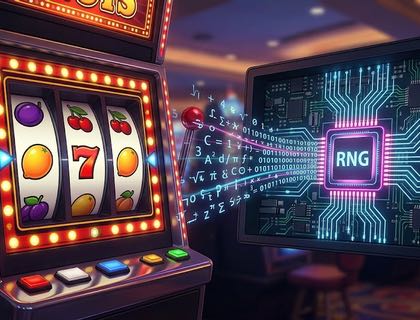 Spelautomat bredvid skärm med texten RNG som symboliserar slumpgeneratorn bakom hur slots fungerar