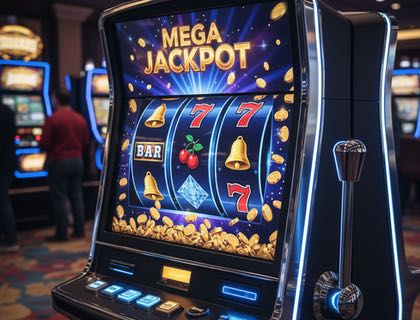 Slot på ett landbaserat casino som visar Mega Jackpot, symbolerna 7, klockor och mynt på skärmen. Sloten har ett handtag på sidan