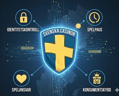 Infografik med ett sköldemblem i mitten föreställande svenska flaggan. I toppen av emblemet står det "Svenska Casinon". Skölden är placerad framför digitala kretsmönster. Runt skölden finns fyra cirkulära ikoner med tillhörande text: ett hänglås för "Identitetskontroll", ett hjärta för "Spelansvar", en klocka för "Spelpaus" och ett överkryssat paket med en krona för "Konsumentskydd". Bilden ska illustrera kännetecken för svenska casinon.