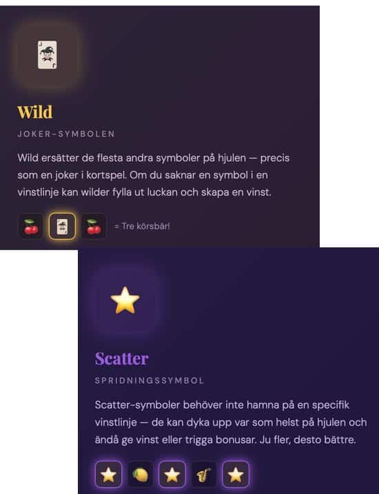 Illustration som förklarar hur wilds och scatters fungerar i slots.