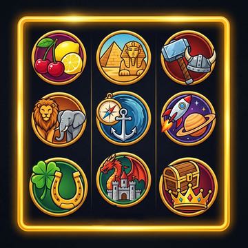 Illustration av nio slot-symboler som representerar olika teman i slots, bland annat frukter, antika Egypten, vikingar, safari, havsäventyr, rymden, tur-symboler, fantasy och skatter.