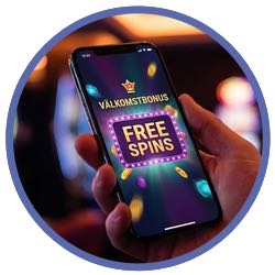 Bild på någon som håller en mobil i handen där det står "Välkomstbonus" och "free spins" på skärmen