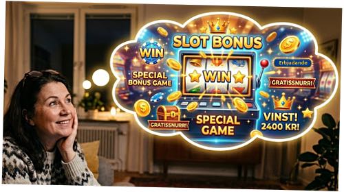 En leende kvinna funderar över en slotbonus. Intill henne finns en tankebubbla med en färgstark spelautomat (slot). Ovanför sloten syns texten "SLOT BONUS" och runt omkring syns guldmynt och kungakronor.