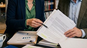 En man och kvinna i professionell klädsel sitter vid ett skrivbord i en kontorsmiljö och granskar dokument tillsammans. Kvinnan pekar med en penna på en specifik del i ett papper som mannen håller i.