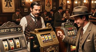 Äldre foto som föreställer en spellokal där man kan spela på slots. Spelautomaterna är av gammal modell, så kallade enarmade banditer.