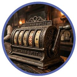 Spelautomat med spelkort på hjulen och ett handtag på sidan.