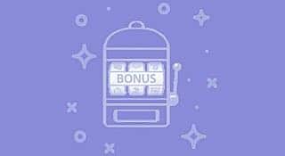 En tecknad slot med texten bonus i spelfönstret mot lila bakgrund