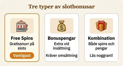 Bild som illustrerar tre olika typer av slotbonusar: Free spins, bonuspengar och en kombination av free spins och bonuspengar.