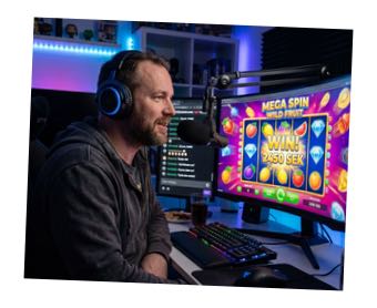 En man sitter framför datorn och streamar när han spelar slots på nätet. Mannen har hörlurar på sig och en mikrofon framför munnen. På skärmen syns en slot och en chatt