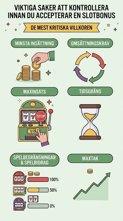 Infografik som visar viktiga villkor man bör kontrollera innan man tackar ja till en slotsbonus. Minsta insättning, omsättningskrav, maxinsats, tidsgräns, spelbegränsningar och maxtak