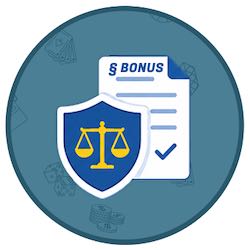 Sköld, vågskål och bonusdokument som illustrerar regler för casinobonusar i Sverige