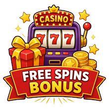 Illustration med en spelautomat, ett inslaget paket, mynt och en etikett med texten free spins bonus.