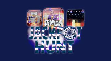 Loggan för Jackpot Hunt samt bildexempel på jackpottspelet och spel som ingår i Jackpot Hunt.