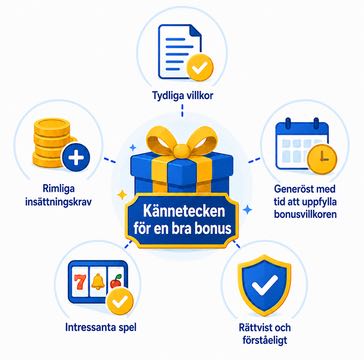Illustration som listar kännetecken för en bra casinobonus i en tankekarta. Kännetecken som finns med är tydliga villkor, rimliga insättningskrav, intressanta spel och gott om tid att uppfylla bonusvillkoren