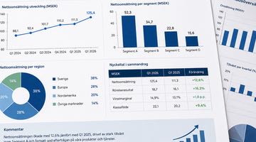 En illustration av en kvartalsrapport med grader, tabeller och diagram.