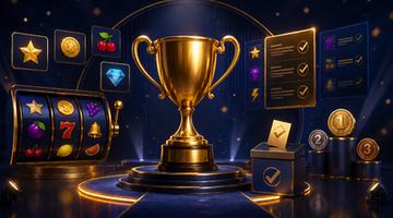 Illustration av en guldfärgad pokal på en scen, omgiven av spelautomatssymboler, röstningspaneler och prispallar som symboliserar nominerade casinospel och en prisutdelning.