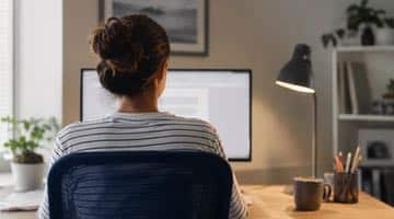 Kvinna sitter vid datorn och läser information. Bilden ska illustrera en person som tar del av Stödlinjens självhjälp för anhöriga.
